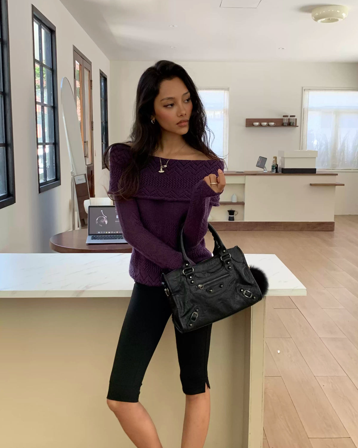 Vintage Purple Off-Shoulder Pointelle Knit Top