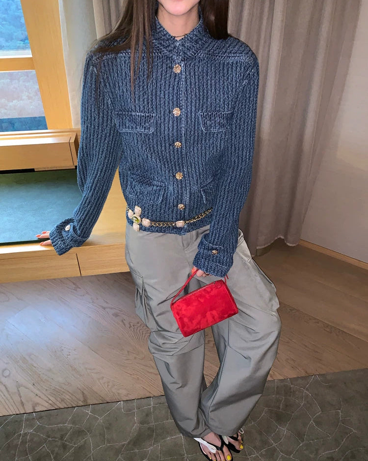 Vintage Washed Denim Stand Collar Jacket