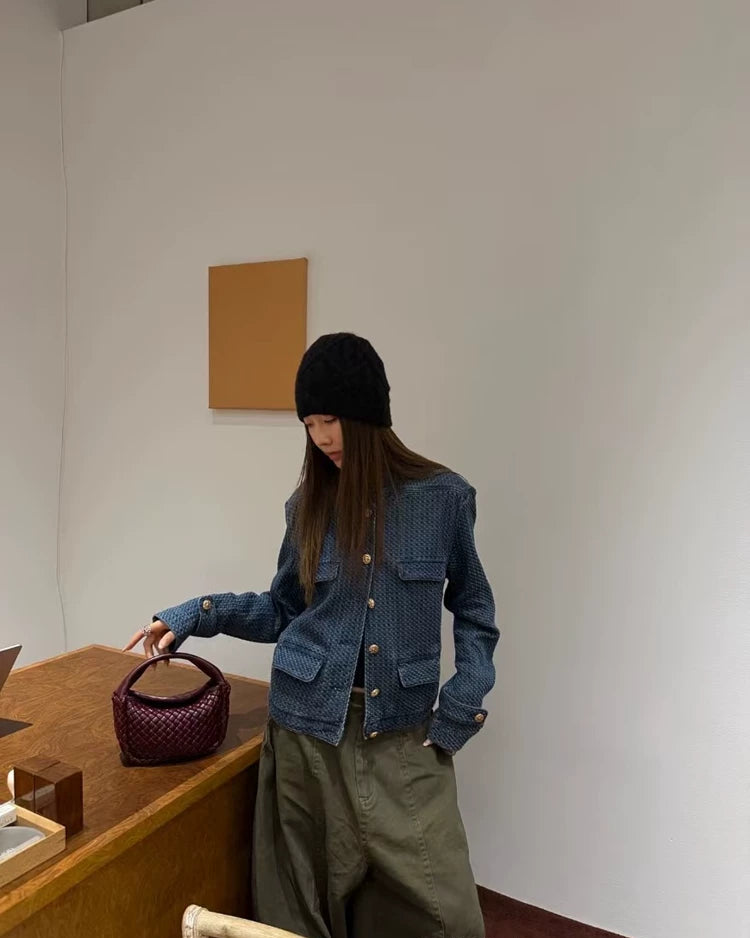 Vintage Washed Denim Stand Collar Jacket